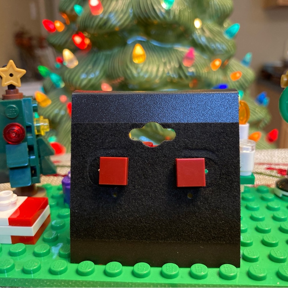 Dark Red Lego Stud Earrings (Flat)